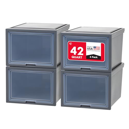 IRIS USA 42 Qt. Plastic Drawer Storage Organizer Stacking Drawers, 4-Pack, Stackable Unit with Flip-Up Door for Clothes Bedroom Kitchen Under Sink Pantry Craft Room Bathroom Dorm Office, Dark Gray