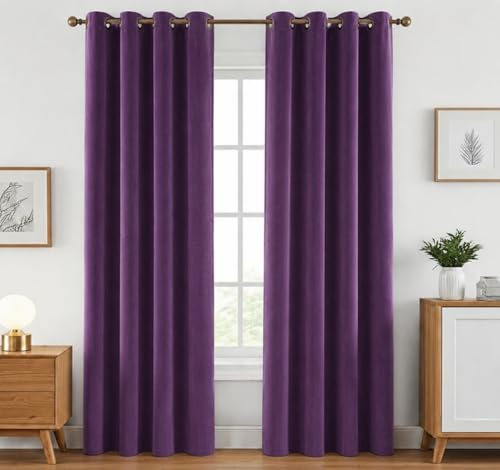 Image of Amazon Brand - Solimo Velvet Curtain Set of 2 (52x48 Inch) Plain Door & Window Curtains for Living Room & Bedroom |75% Light Blocking, Eyelet Curtains for Home Decor in Purple Color (4 feet x 4 feet)