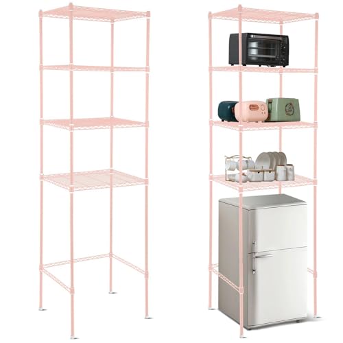 Image of Huwena 4 Tier Mini Fridge Stand with Storage for Dorm Microwave Stand Over Mini Fridge Storage Shelf Adjustable Height Organizer for College Rooms Kitchen Pantry (Pink)