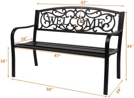 50" Outdoor Garden Bench, Patio Furniture Metal Outdoor Chair with Cast Iron Frame, Weather Proof 2-Person Outdoor Loveseat with Welcome Backrest for Park, Porch, Pool, Backyard
