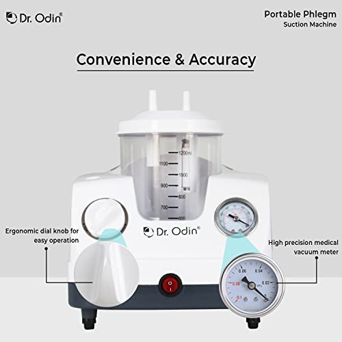 Image of Dr. Odin OSU 301 Portable Phlegm Suction Machine with 1200ml Jar, Oil-Free Pump for Hospital, Dental & Home Use, 1-Year Warranty | Made in India (White & Grey)