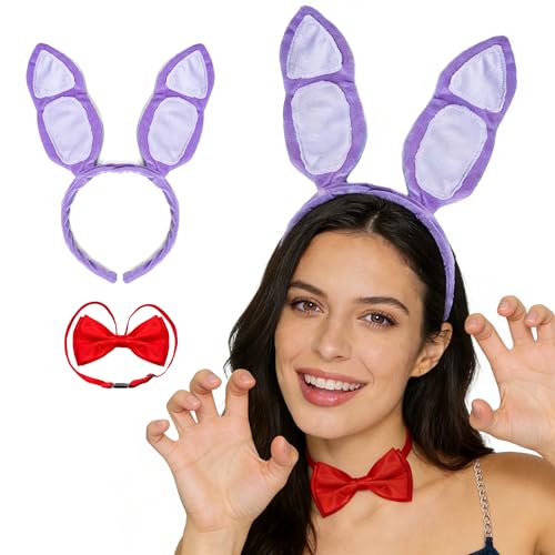 MORTICIA 2Pcs Easter Bunny Costume Accessories Set with Rabbit Ears Headband and Red Bow Tie for Halloween Cosplay Party (Purple)