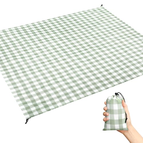 HunnmingRe Gingham Pocket Picnic Blanket Lightweight Portable Compact Beach Mat 55 x 60inch Foldable Fits into Small Bag Sandproof Waterproof Quick Dry Outdoor Blanket for Hiking Camping Travel Green