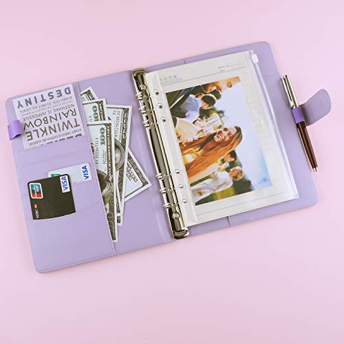 Image of Antner A5 PU Leather 6 Ring Notebook Binder Cover for Refill Paper, Refillable Loose Leaf Personal Planner Organizer With Magnetic Buckle, Purple
