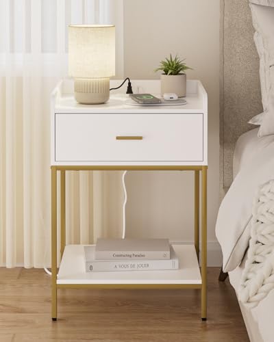 Image of Masupu Nightstand with Charging Station, 3-Tier Modern Bedside Night Stand with Storage Drawer and Shelf, Large End Side Table for Bedroom, Living Room,White