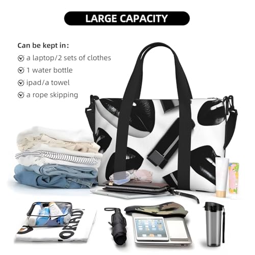 Bolso de mano negro con estampado de labios, accesorio de hombro versátil 6