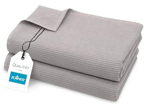 ZOLLNER 2er Set Saunatücher in 70x180 cm - langlebige Badetücher in grau - mit praktischem Aufhänger - Zeitloses Waffelmuster - waschbar bis 95°C - Baumwolle - Hotelqualität