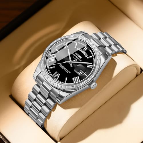 Image of NIBOSI Watches for Men Analog Quartz Diamond Bezel Stainless Steel Dial Rose Gold Silver Mens Watch Waterproof Business Classic Dress Wrist Watch with Day Date