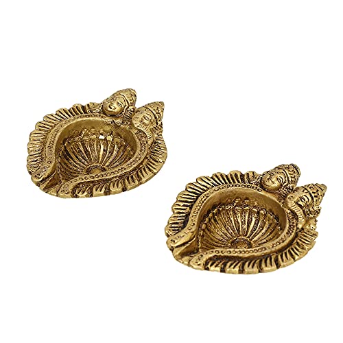 Image of Brass Akhand Diya (9x7x2 cm and 400g) Small Ethnic Design Handmade Curved Oil Wick Antique Kuber Deepak Lamp for Home Decor Temple Puja Office Counter Decoration Festival Gift (Pack of 2)