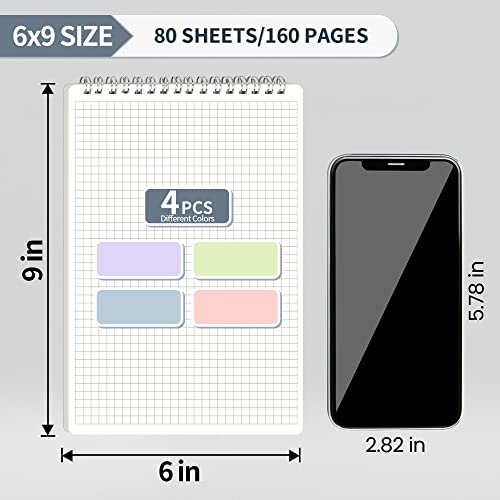 Sunee Graph Paper Notebook - Top Bound Spiral Grid Notepad, 5 X 5 Graph Ruled (5 Sq/In), Waterproof Pp Cover, 6 X 9 Inches, 80 Double-Sided Sheets, 4 Pack (Pink, Blue, Green, Purple) #TOP1