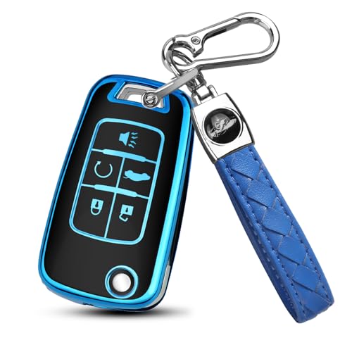 Image of QBUC for Chevy Key Fob Cover with Keychain Fit for Chevrolet Equinox Buick Camaro Cruze Malibu Impala Sonic Full Protection (Black /Blue)