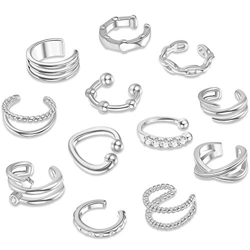 Subiceto 12 PCS Ear Cuff Dainty Helix Earrings Huggie Stud for women Earring Set Silver - Thumbnail 7