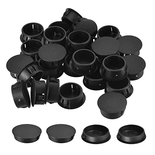 Image of uxcell 1-9 /16 inch Plastic Hole Plugs, 26Pcs Flush Type Panel Round Snap in Fastener Knockout Locking Plugs for Furniture Insert End Caps Panels, Black