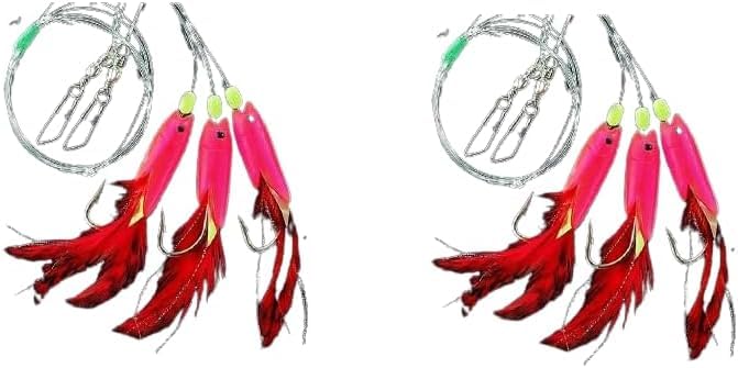 Set of 2 cod rigs, pilk leader by Jenzi, 3 arms rubber fish, luminous Norway, fully assembled, length 140 cm, hook size 6/0