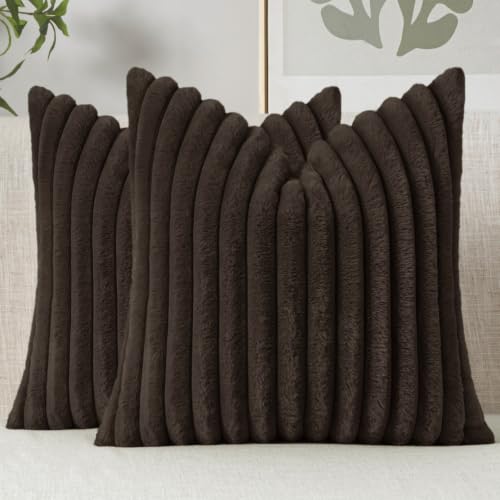 Image of MIULEE Faux Fur Decorative Throw Pillow Covers 20x20 Set of 2 Dark Brown | Modern Fall Soft Plush Couch Pillows, Cozy Fluffy Cushion Covers for Sofa Bed Living Room Home Decor