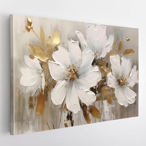 Flower Pictures Wall Decor Framed Abstract White Flower Oil Painting on Canvas Wall Art Modern Abstract Blooming Floral Minimalist Wall Decor Print for Office Living Room Kitchen Decor 16x24 inch