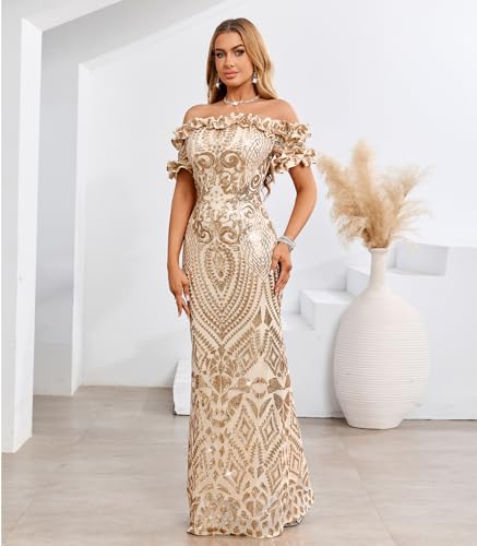 Image of dasmzper Women Sexy Sequin Off Shoulder Ruffle Short Sleeve Bodycon Mermaid Party Formal Evening Maxi Dress