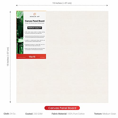 Image of Scholar Art Hobby Series 04 Oz (230 GSM) 100% Cotton Canvas Panel Board for Painting (White Blank Canvas Boards for Acrylic Paint, Oil Paint, Wet & Dry Media) | 15 inchx15 inch (37.5x37.5 cm), Pack of 4