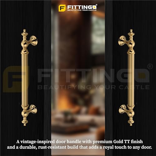 Image of Vintage Royal Main Door Handle | 16 Inch Premium Pull Push Handle for Home, Office, Hotels & Villas | Stainless Steel Gold TT Finish |Hole to Hole 400mm | 3 Years Warranty