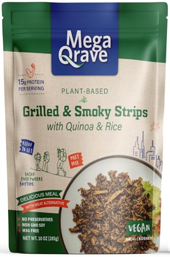 Mega Qrave Plant-Based Grilled & Smoky Strips with Quinoa & Rice, 10 oz – Ready-to-Eat Shelf-Stable Vegan Meal, 15g Protein Per Serving