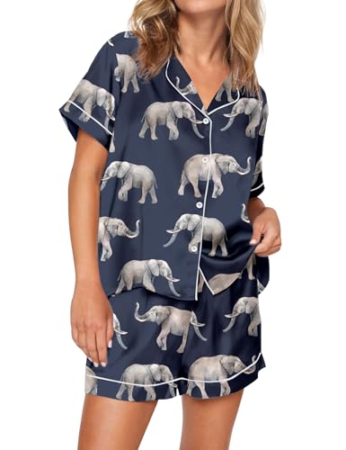 Image of SHESHOW Satin Pajamas for Women Set Preppy Animals Pjs Short Sleeve Shorts 2 Piece Loungewear Sets XS-XXL