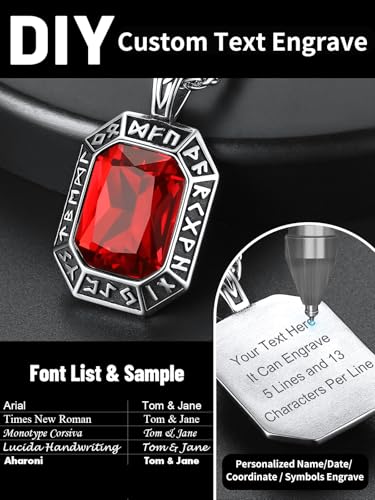 Image of ChainsHouse Viking Rune Pendant Necklace for Men Women, Punk Biker Black Metal /316L Stainless Steel Onyx Norse Vintage Amulet Necklaces with Black /Red /Green /Blue Gemstone, Send Gift Box
