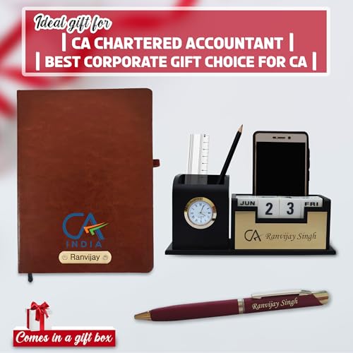 Image of SAVRI Personalized Chartered Accountant's Combo-CA Pen Stand, CA Logo Pen & Black Diary with Engraved Logo & Name Thoughtful Gifts for Financial Professionals. (Brown)