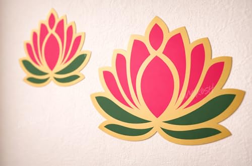Image of Divyakosh Green-Pink Lotus Wall Stickers for Wall Decor (12 Pieces, 3x3.5 Inch) | Mandap, Temple Decor, Puja Backdrop Decoration| Peel & Stick Lotus Stickers for Home & Festive