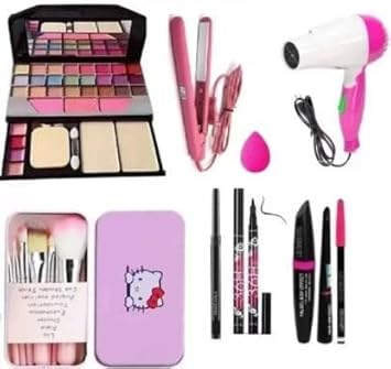 WRYAK Makeup Kit with Hair Straightener and Hair Dryer, Contour Highlighter and Eyeliner, Kajal & Pink Beauty Blender PCS OF 16