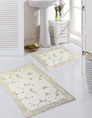 CARPETIA Badematten Set 2-teilig - waschbar - Blätterdesign cremefarben, Größe 50x60cm + 60x100 cm