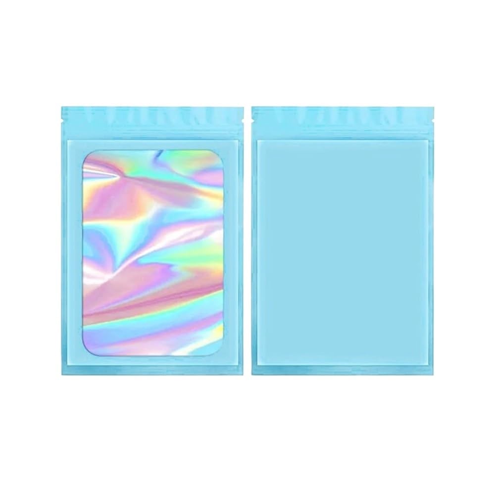 100pcs Custom Mylar Holographic Bags With Logo Personalized Foil Pouch Ziplock Packaging For Small Business Jewelry Food Storage(Blue,No Logo and Custom,13X21cm 5.12X8.27in)