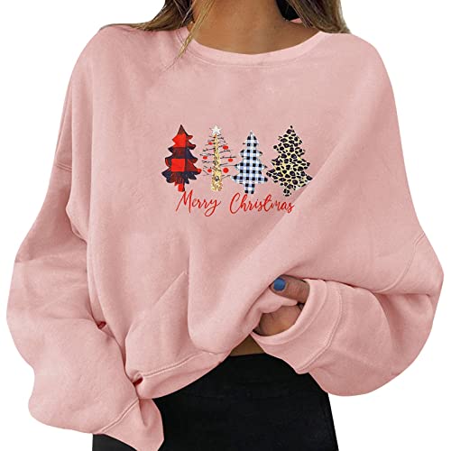 Sudaderas con estampado de Navidad para mujer, diseño de renos del Reino Unido, lindas sudaderas con cuello redondo, rosa, L
