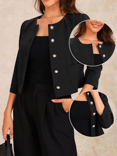 Allegra K Collarless Blazers for Women 3/4 Sleeve Dressy Casual Cropped Jacket2