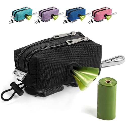 Dog Poop Bag Holder for Leashes - Dog Poop Bag Dispenser and Treat Holder with 2 Waterproof Pouches for Pet Waste Bags and Walking Accessories + 1 Free Roll - Leashrr 2.0 (Black)
