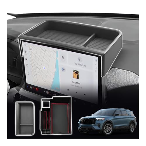 SXCY 2PCS for 2025 2026 Ford Explorer Screen Back Tray + Center Console Organizer (Red Mat) for Ford Explorer 2025 2026 Accessories for 2025 2026 Ford Explorer Dashboard Organizer