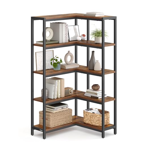 VASAGLE-5-Tier-Bookshelf-with-Metal-Frame-Convertible-Industrial-Corner-Shelf-94-x-402-x-559-Inches-for-Living-Room-Bedroom-Home-Office-Rustic-Brown-and-Ink-Black-ULLS605KD01 VASAGLE 5 Tier Bookshelf with Metal Frame, Convertible Industrial Corner Shelf, 9.4 x 40.2 x 55.9 Inches, for Living Room, Bedroom, Home Office, Rustic Brown and Ink Black ULLS605KD01 - Image 1