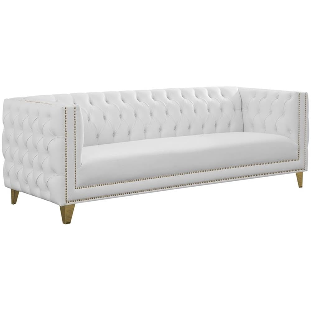 Condition photo showing New/Like New for meridian furniture 651white-s michelle collection modern | contemporary sofa with deep button tufting, gold nailhead trim and sturdy gold iron legs, white vegan leather, 90" w x 34" d x 30" h
