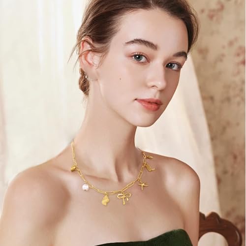 Gold Plated Paperclip Chain Beach Charm Necklace for Women Cute Shell Bow Dainty Beachy Starfish Pearl Seashell Strawberry Fruit Heart Mermaid Summer Jewelry Gift2