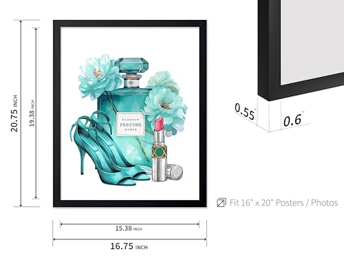 Image of Poster Master Turquoise Blue Designer Print - Fashion Poster - Shoes, Lipstick & Perfume Art - Chic Gift for Women & Fashionista - Glam Decor for Bedroom or Girl's Room - 16x20 Black Framed