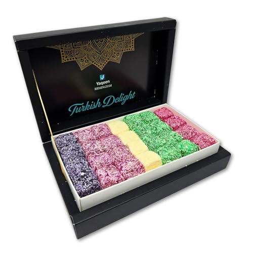 Yaqeen Turkish Delight Mix Box 5 different flavours Deluxe Sweets Oriental Gift Box Vanilla Mint Blackberry Pomegranate Cherry Coconut Gourmet Soft Candy Vegetarian Halal Gluten Free 450g