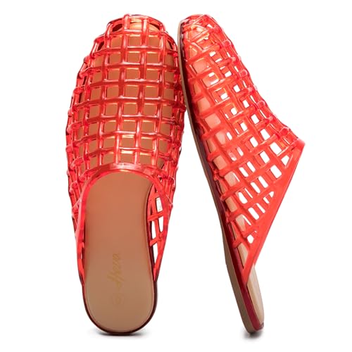 HEVA Womens Jelly Slide Sandals - Clear Mesh Hollow Slip On Closed Toe Slippers - Lightweight Casual No Slip Flat Sandals(8 US Red)