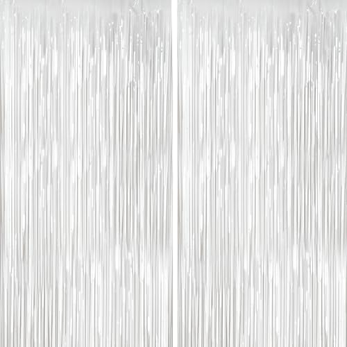 Image of 4 Packs White Foil Fringe Curtain, White Glitter Metallic Tinsel Backdrop for Birthday Wedding Baby Shower Bachelorette Graduation Christmas Halloween Party Decorations Supplies