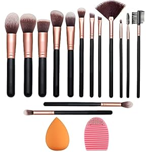 Makeup Brushes Rose Golden 14 Pcs Makeup Brush Set with 2 Powder Puffs Premium Synthetic Kabuki Brushes for Foundation…