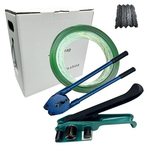 JIADIstrap Banding Strapping kit Contain 5/8”x 1000’ Polyester (PET) Roll Heavy Duty Pallet Tensioner Tool Sealer Machine Packaging Plastic Edge Protectors Metal Seals