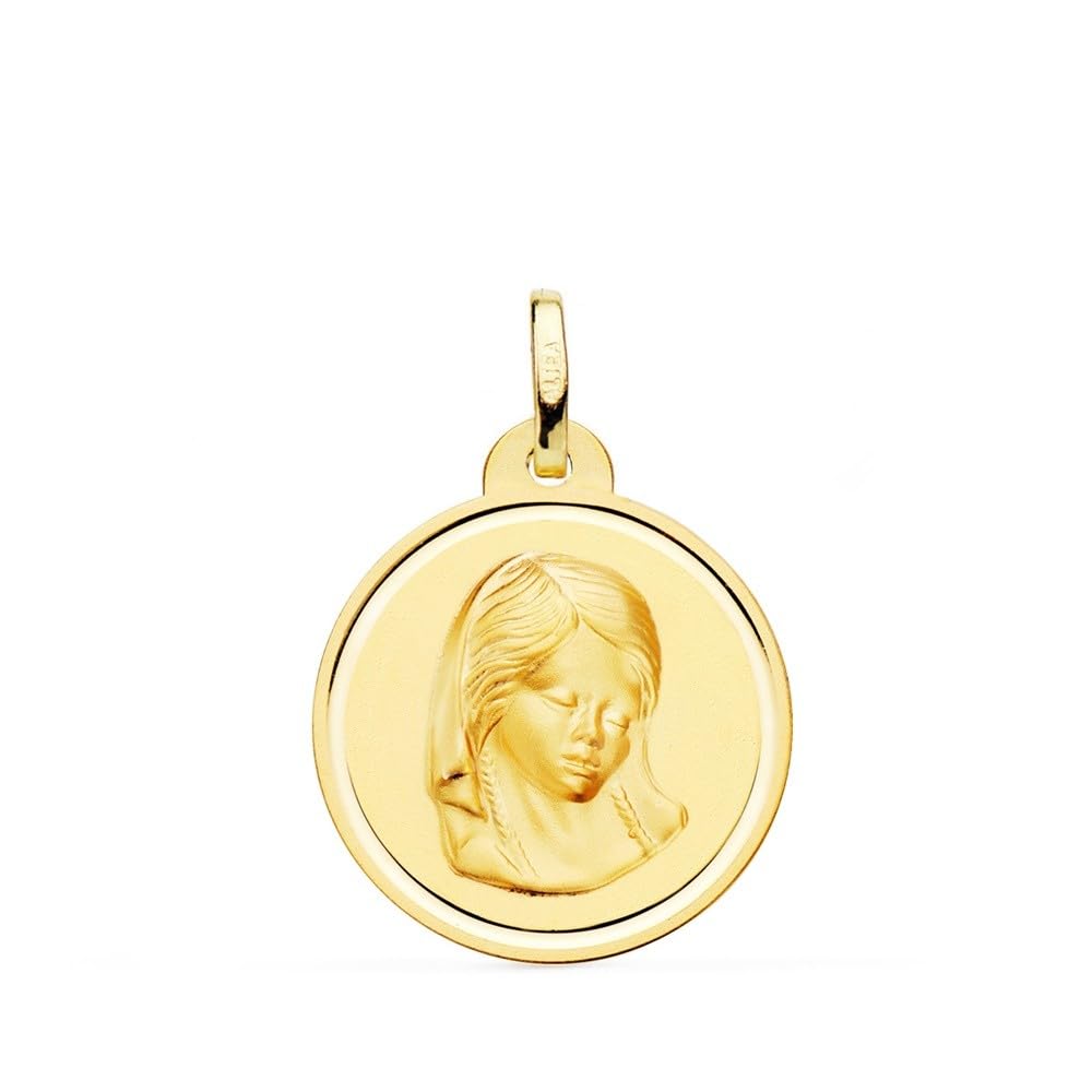 Virgen Niña Primera Comunión Medalla Oro 18k redonda 20mm. bisel liso