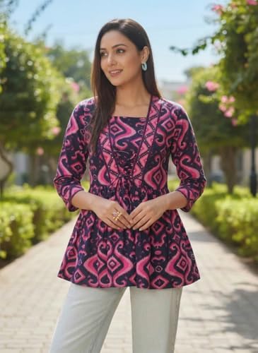 Image of NAINVISH Women's Blue Floral Printed A-line Square Neck Top (SD669 T)