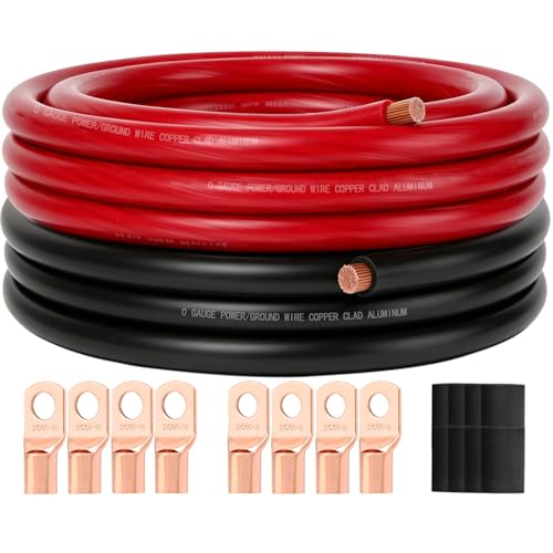 DLronwey 0 Gauge Wire 20FT 1/0 AWG Battery Cable Copper Clad Aluminum Amp Wiring Kit with 8pcs Pure Copper Lugs & Heat Shrink Tube for Car Audio Amplifier Inverter RV Marine Solar Winch