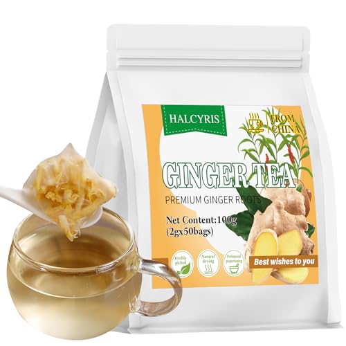 Halcyris Ginger Tea Bags (2g*50 Teabags) – Premium Ginger Root Tea for Support Digestion & Boost Immunity, All-Natural & Caffeine-Free, Non-GMO
