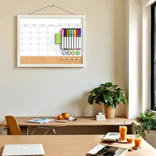 TANKEE 17"x13" Whiteboard Calendar Cork Board Combo, Magnetic White Board Monthly Calendar with Wood Framed, Hanging Dry Erase Board for Kitchen Home Office Planner image 3