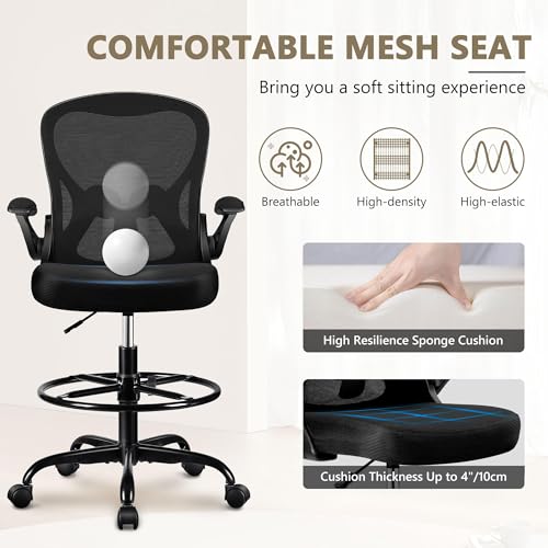 Winrise Drafting Chair, Tall Office Chair Ergonomic Standing Desk Chair, Lumbar Support Computer Chair Swivel Task Rolling Chair With Adjustable Flip-Up Armrests & Foot Ring thumb #4